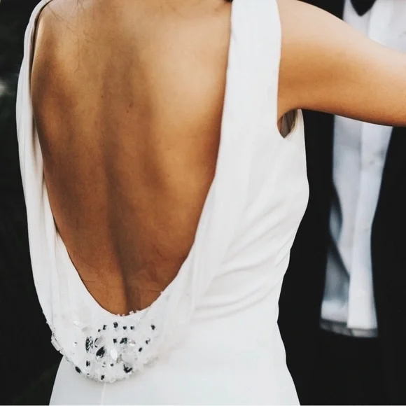 Badgley Mishcka Beaded Cowl Back Jersey White Gown - size 6. - Picture 3 of 12